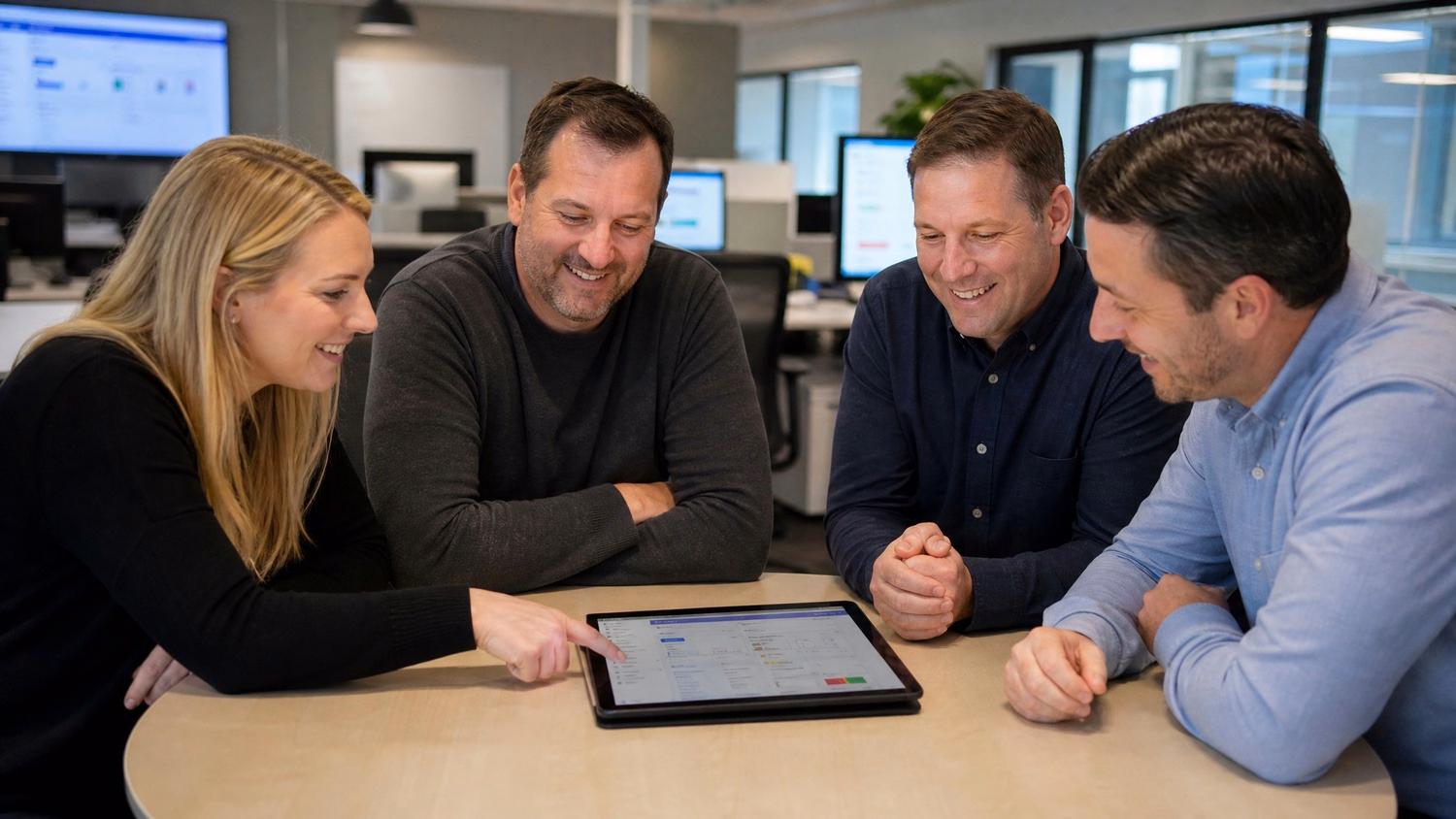 Four professionals collaborate on digital project dashboard tablet