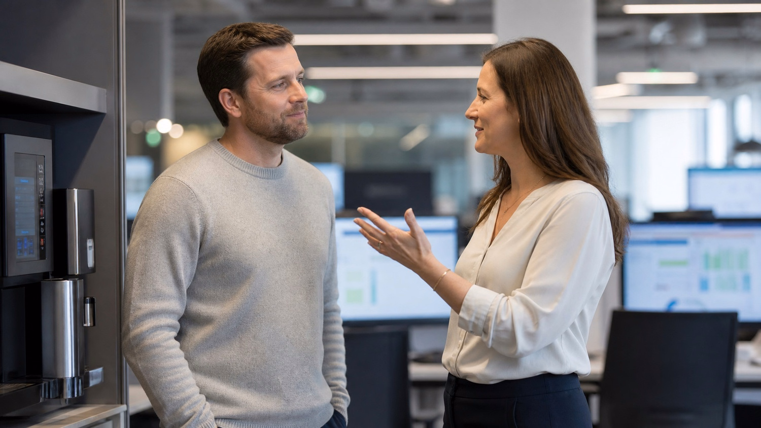 Colleagues discuss business over coffee break