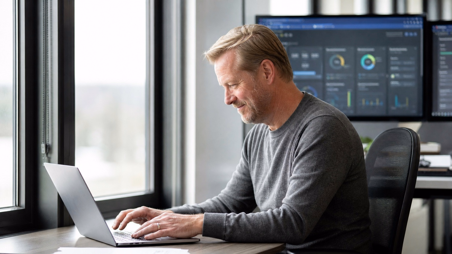 Man configuring multi-factor authentication on laptop near window