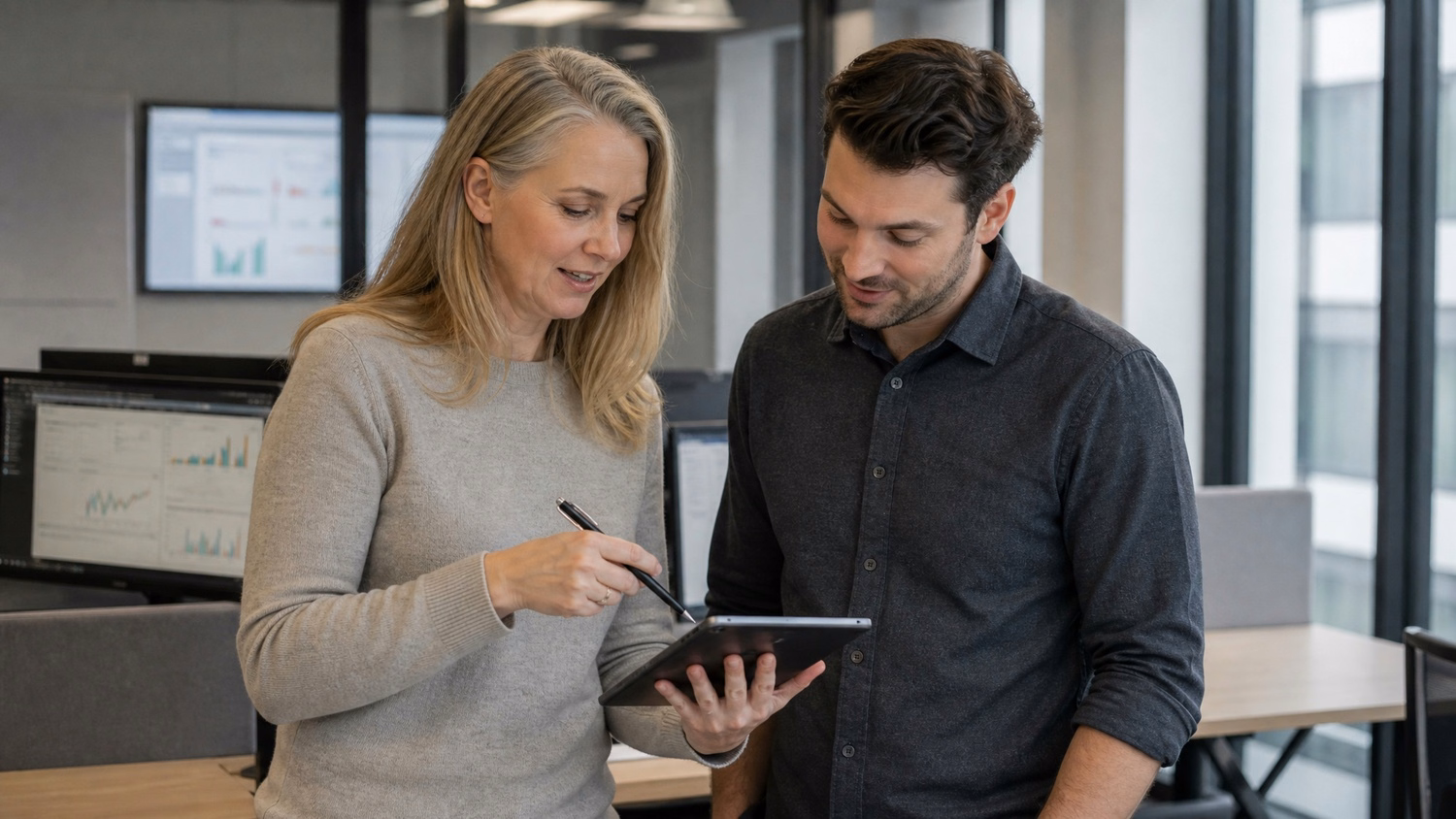 Woman with tablet explains tech to man in breakroom
