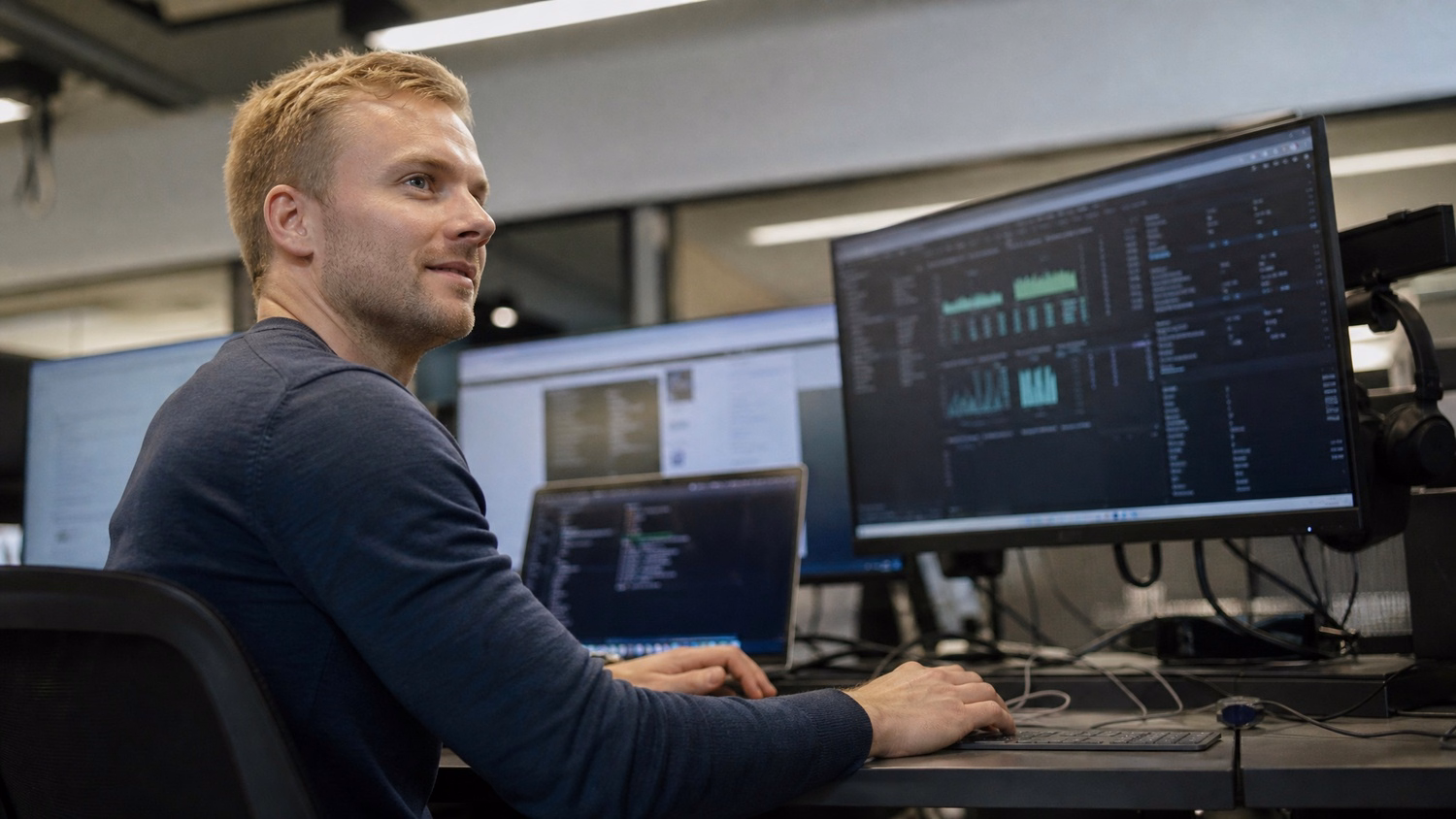 Blonde man entering command on data dashboard 50 chars