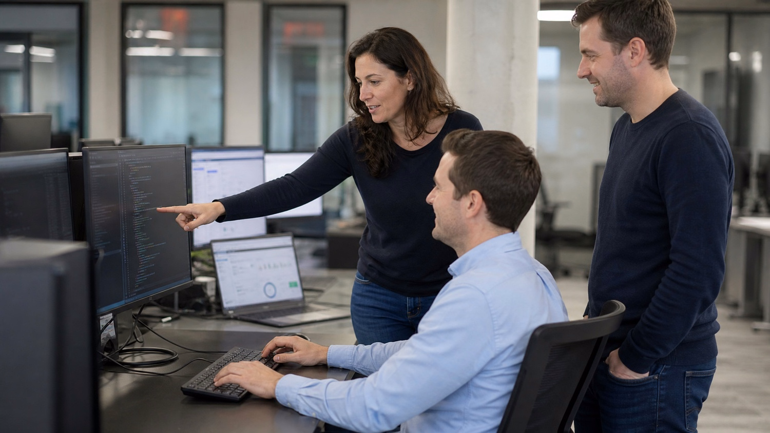 Woman explains code on monitor to male colleagues at desk 70