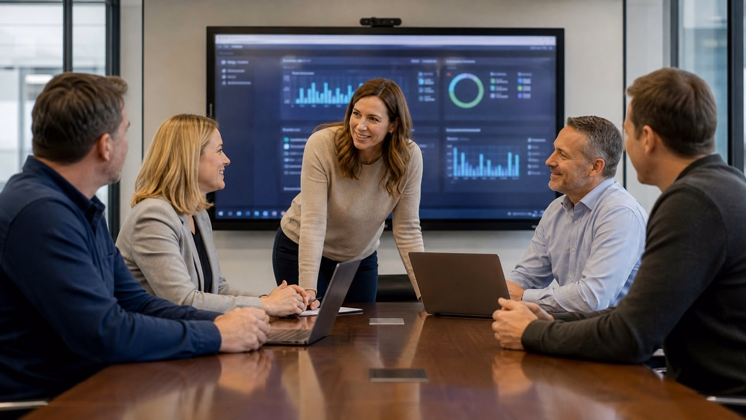 Tech professionals in meeting discuss presentation on monitor 75