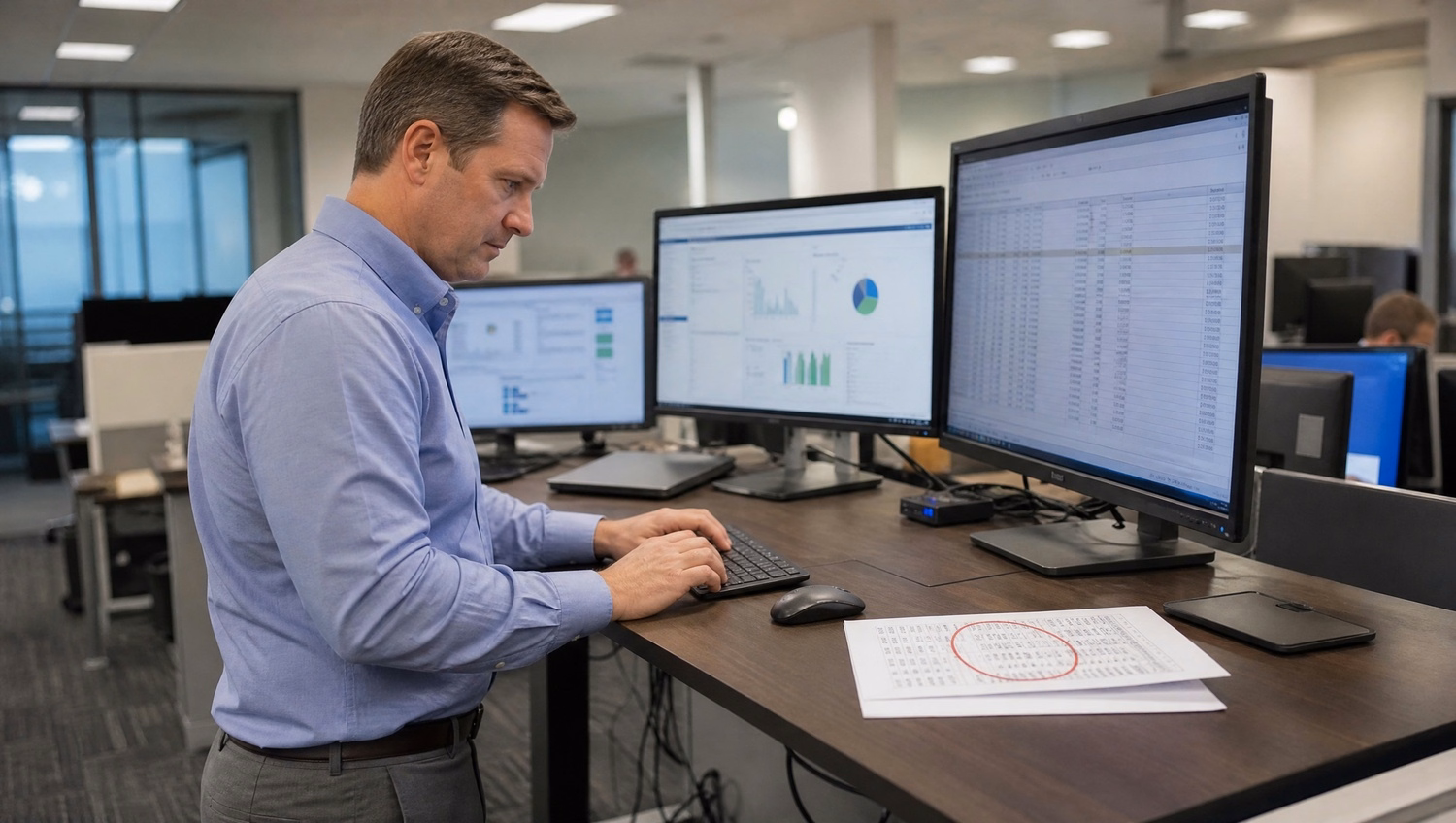 Woman reviewing code on monitor, laptop dashboard displayed 60 chars