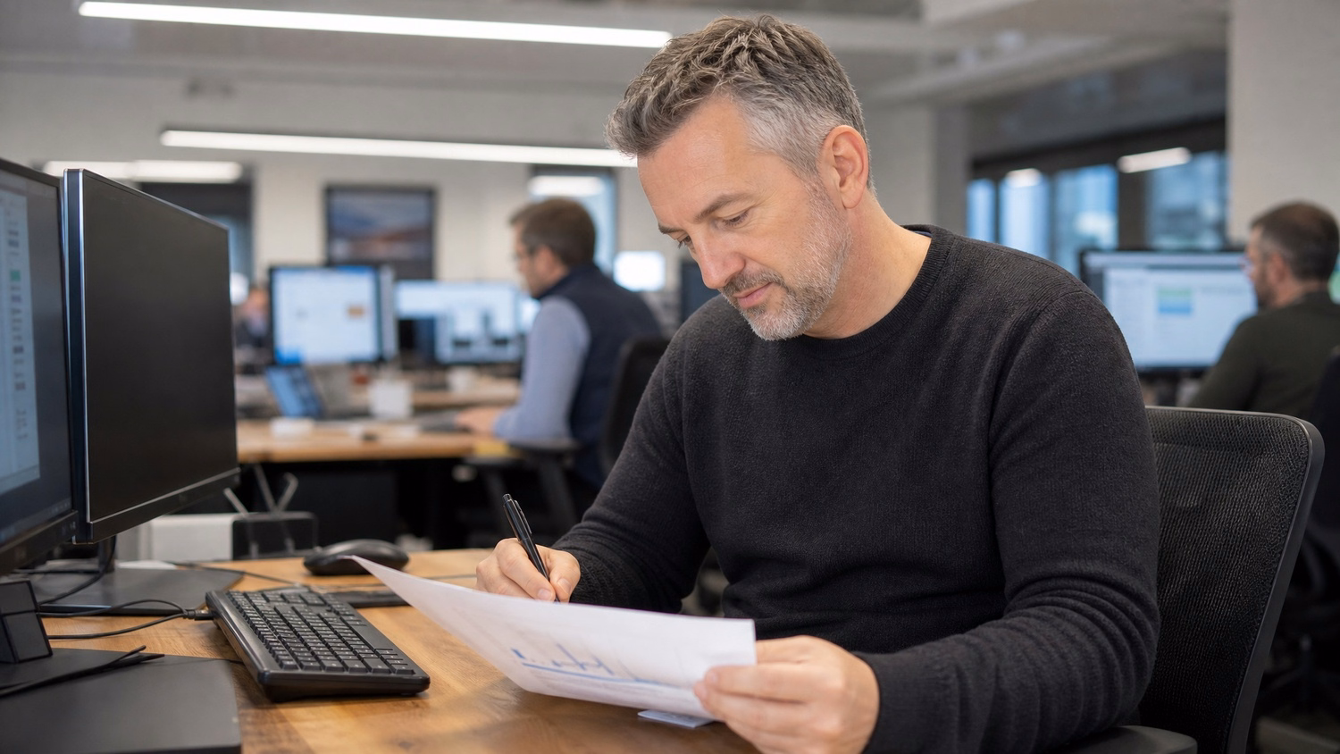 Man reading report, taking notes at desk