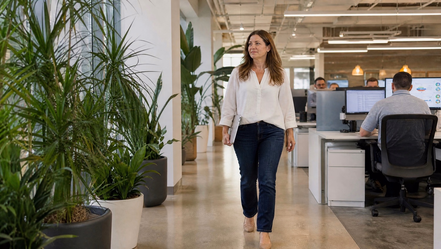 Woman walking down bright office corridor with plants 57 chars