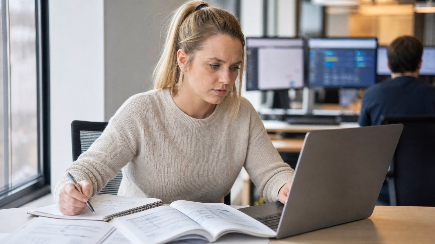 Woman concentrating on workflow diagram on laptop