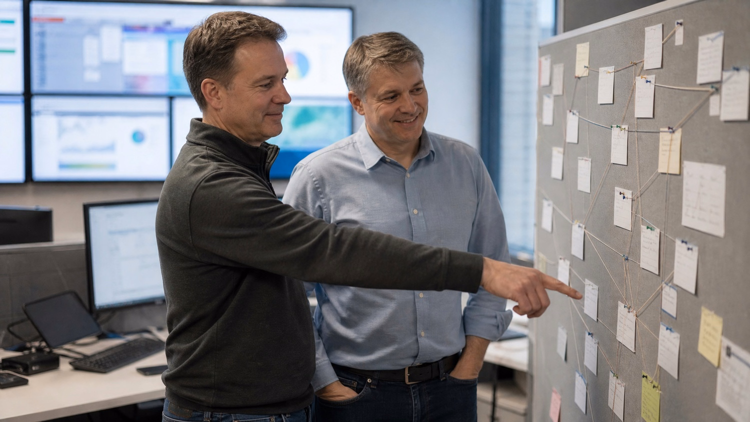 Men plan process flow on pinboard with string and cards
