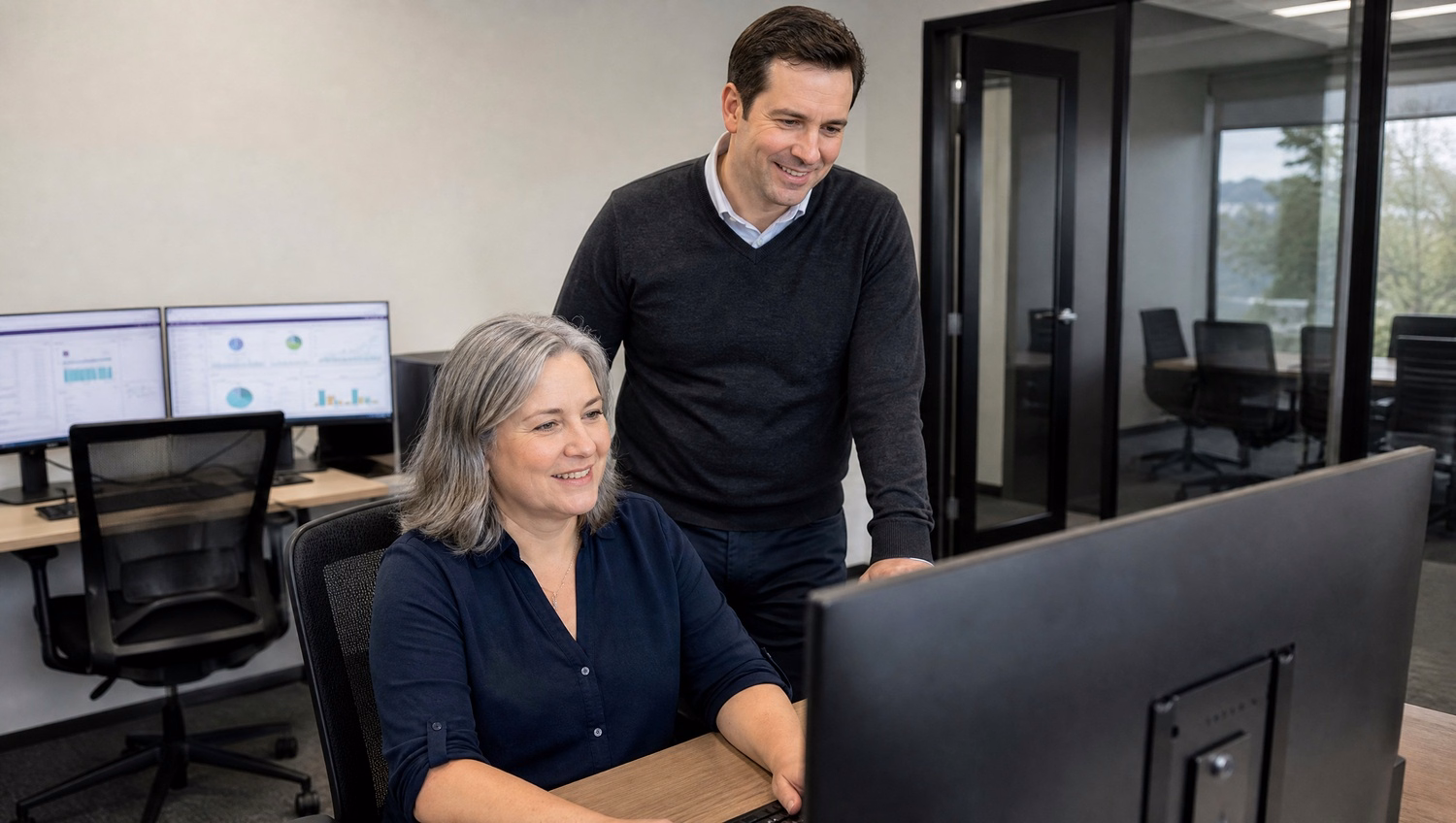 Man standing behind seated colleague reviewing monitor 60