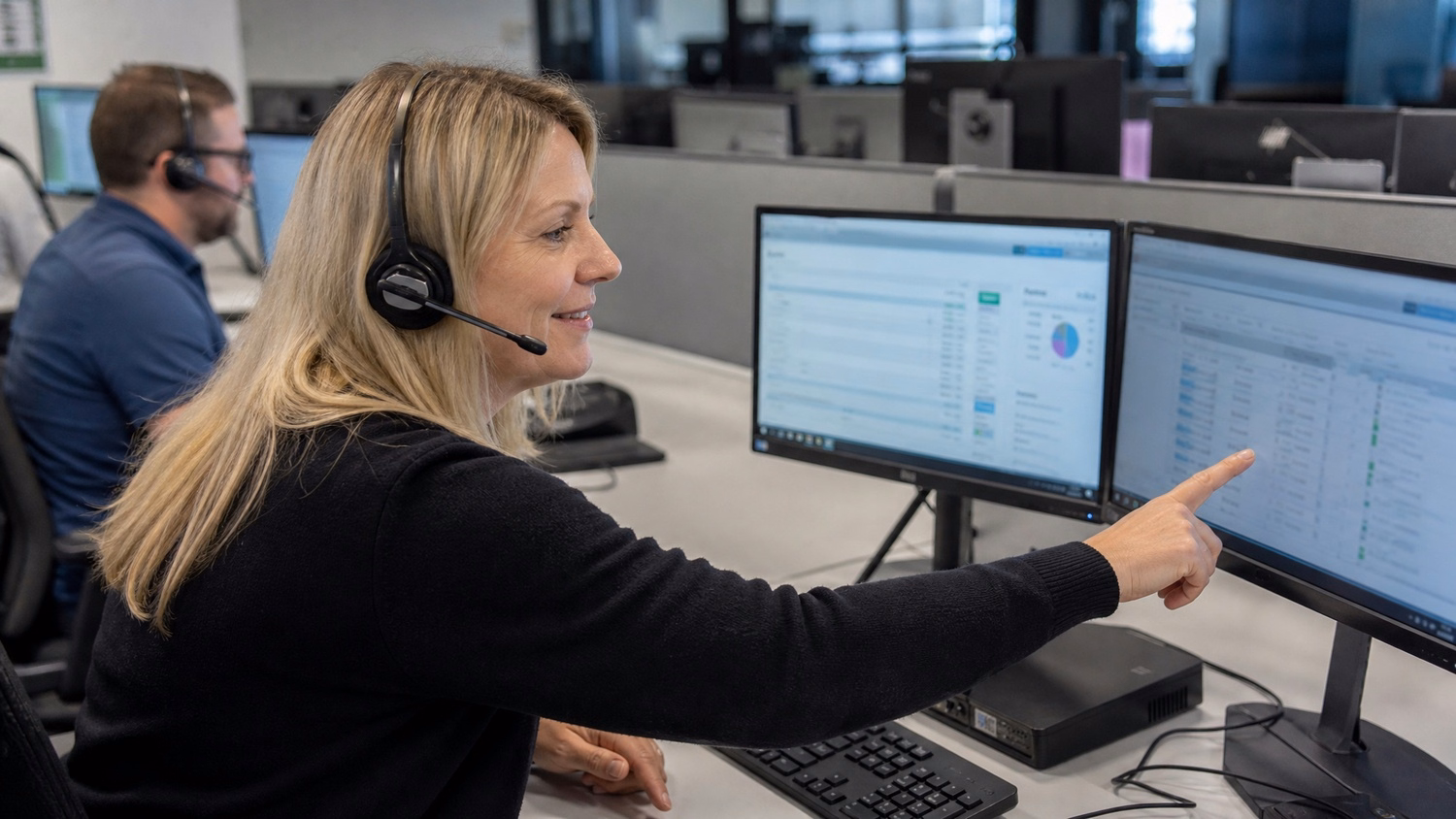 Help desk agent reviews IT audit report on dual monitors