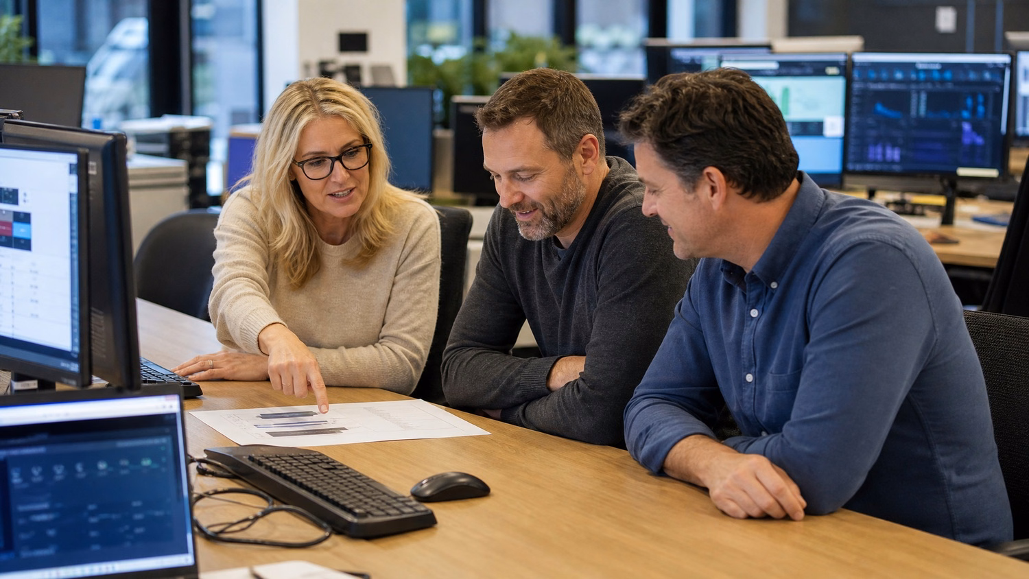 Woman points at report for male colleagues at workshop table