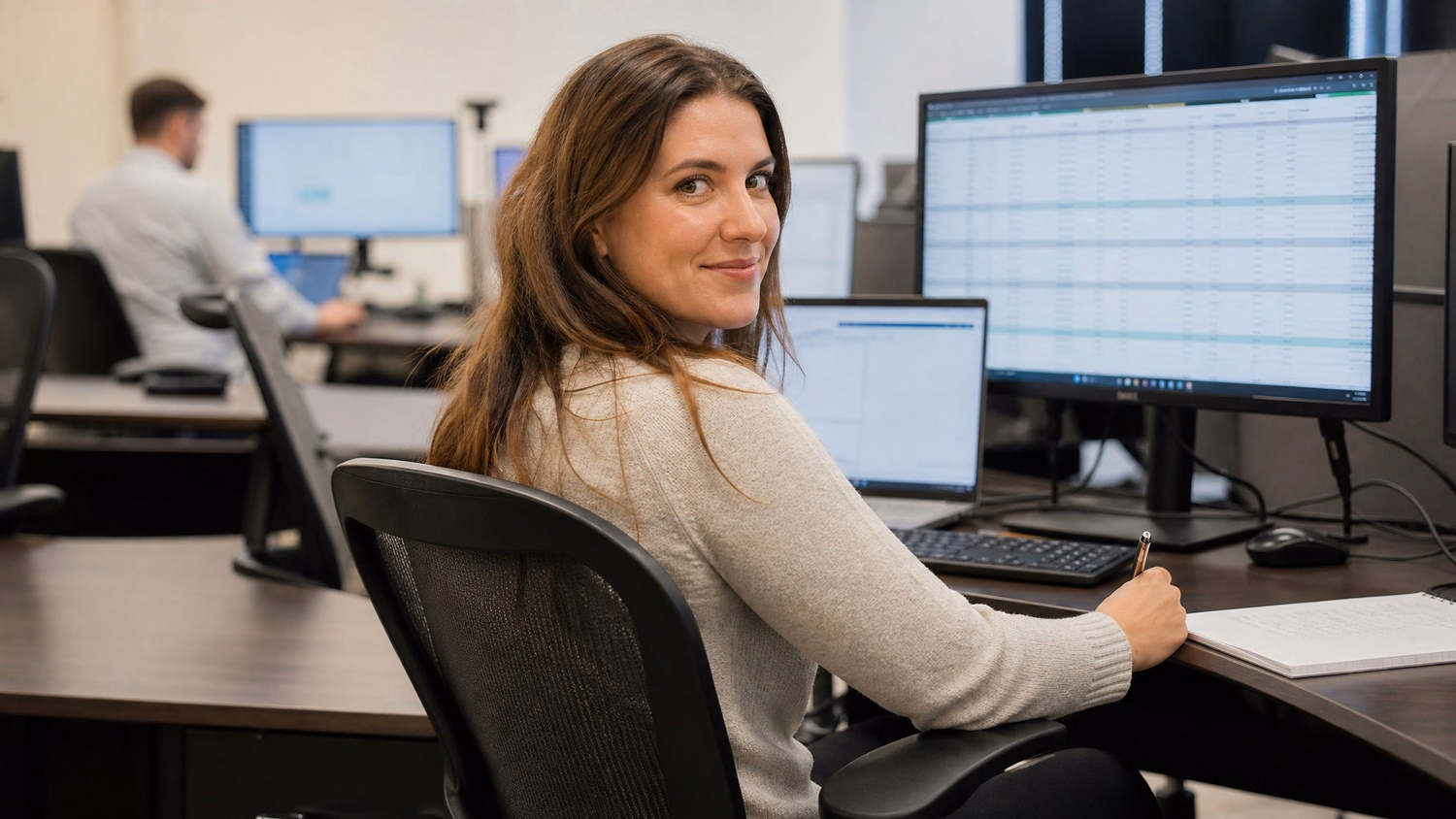 Woman in swivel chair reviews spreadsheet data
