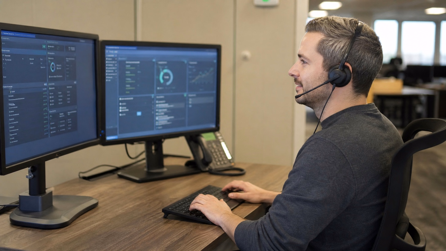 Help desk technician at counter with dual monitors