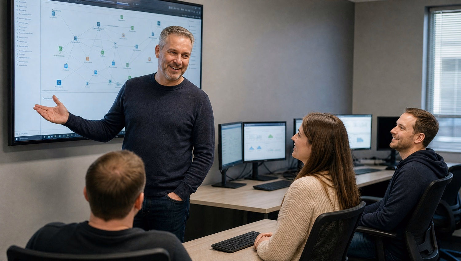 Man presents network diagram on large screen, relaxed stance