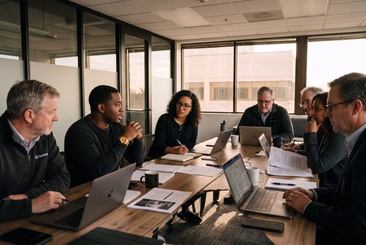 Technology consultants in discussion around cluttered conference table