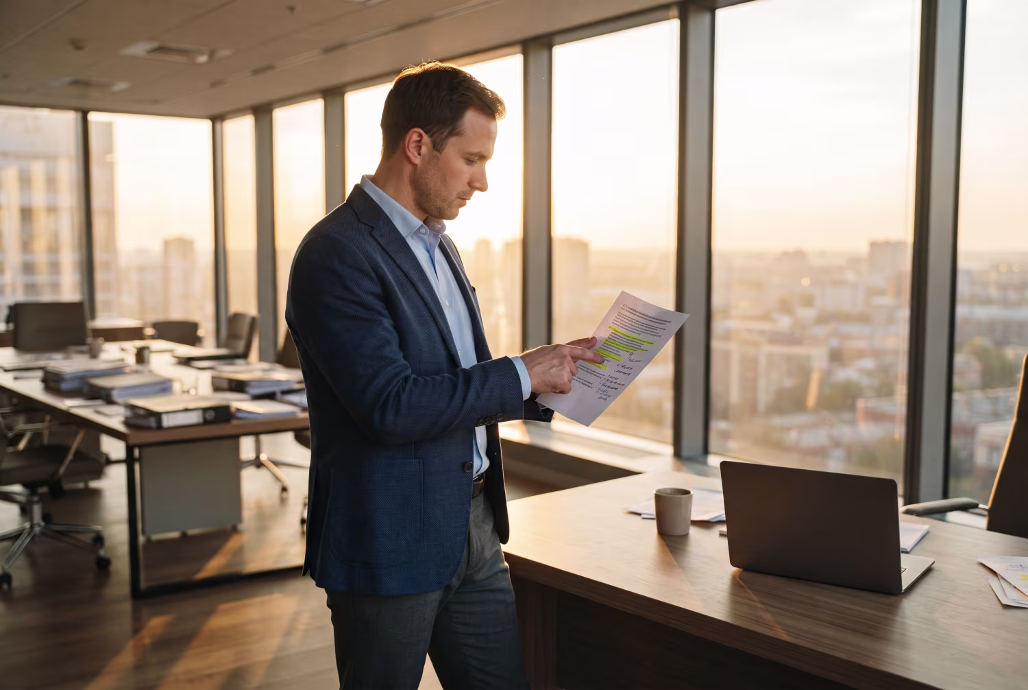 IT risk consultant analyzing document at wooden desk
