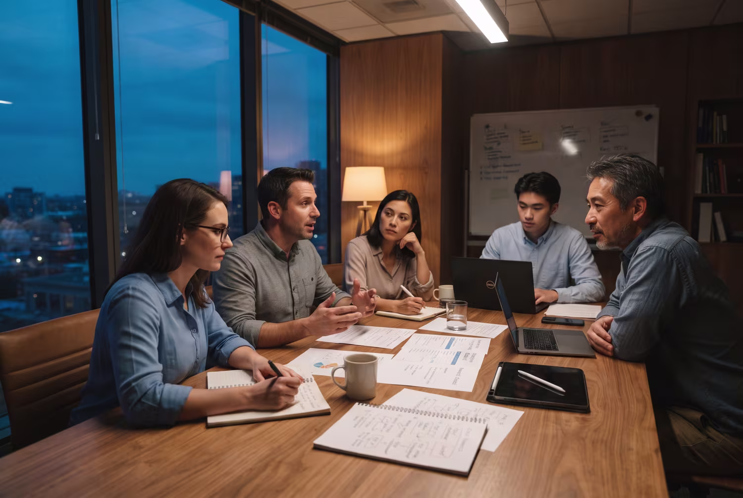 IT consultants discussing cloud migration checklist in office