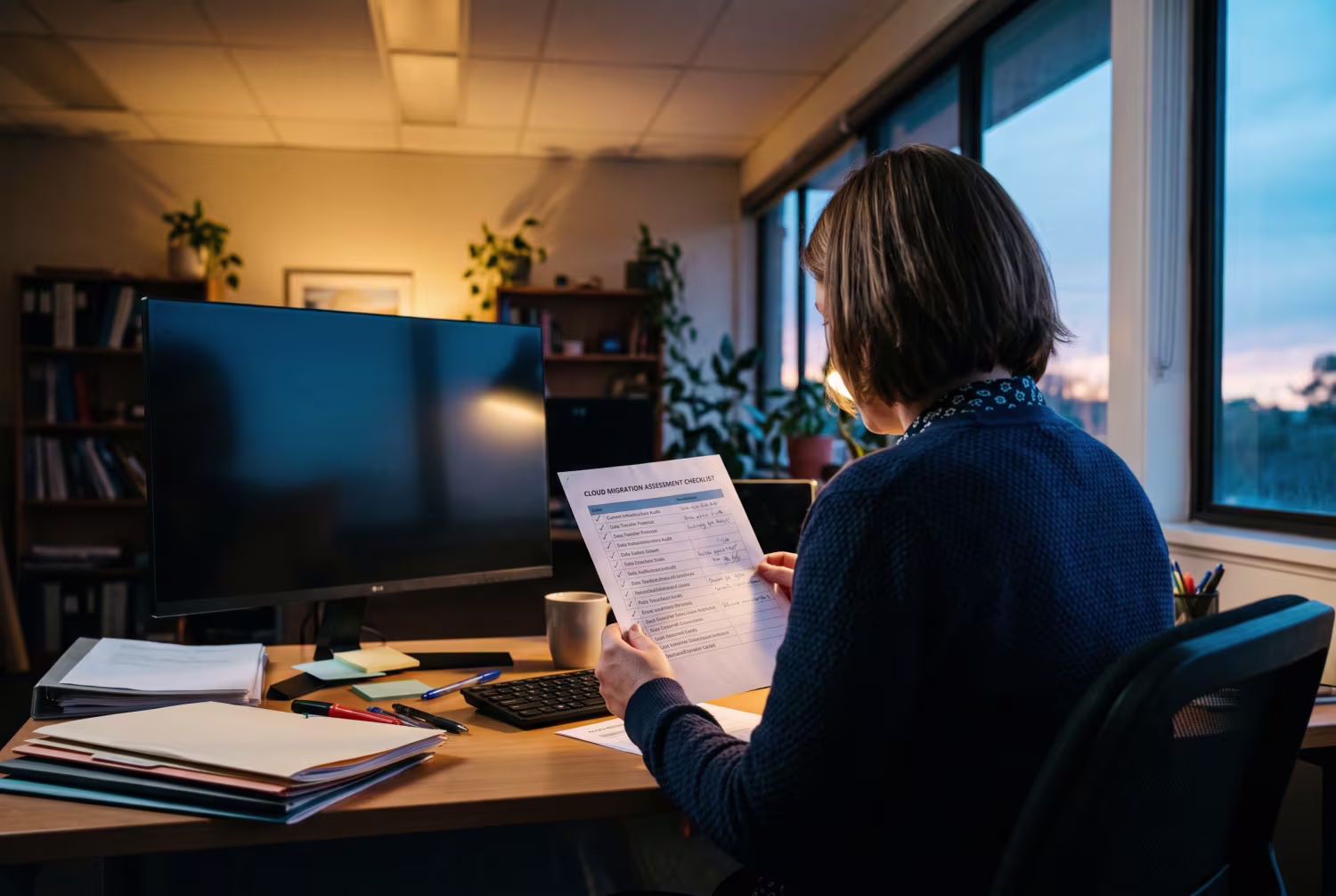 IT manager reviewing cloud migration assessment checklist at dusk