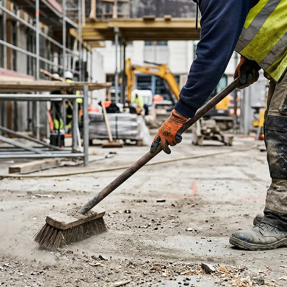 Bygningsarbejder i sikkerhedshandsker fejer støv og snavs på en byggeplads.