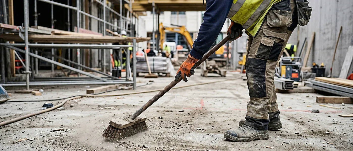 Bygningsarbejder der fejer betonstøv på en byggeplads iført sikkerhedsvest og støvler.