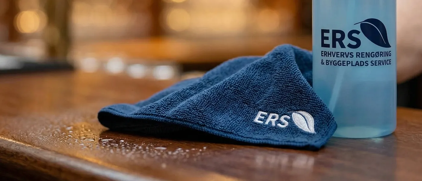 Blåt rengøringsklæde og sprayflaske med ERS logo på en våd træbordplade.