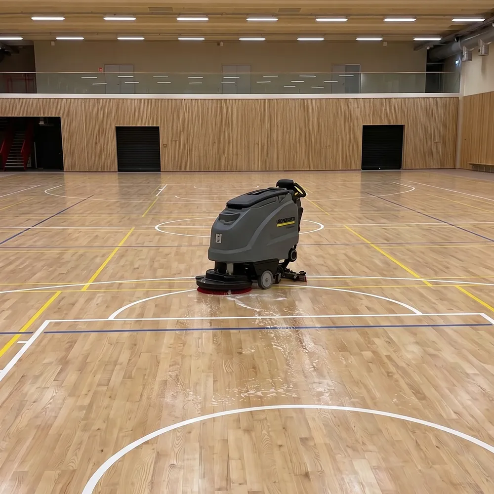 Gulvvaskemaskine rengør indendørs træningsbane med sportsmarkeringer.