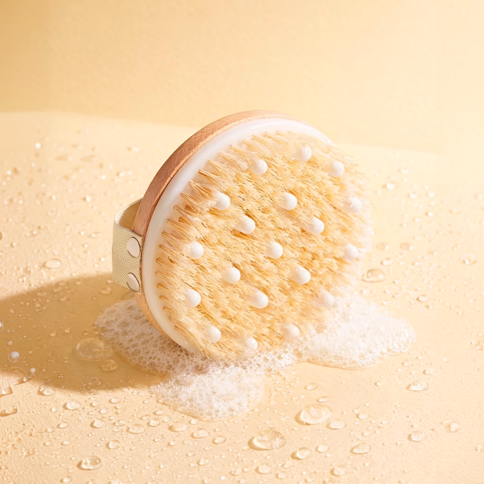 Detox massage brush with natural bristles on a wet surface with foam
