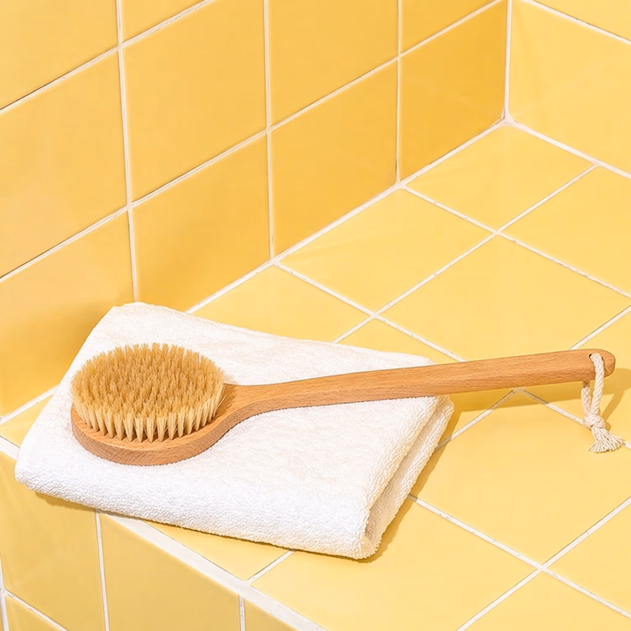 Body dry brush with wooden handle on folded towel in bathroom