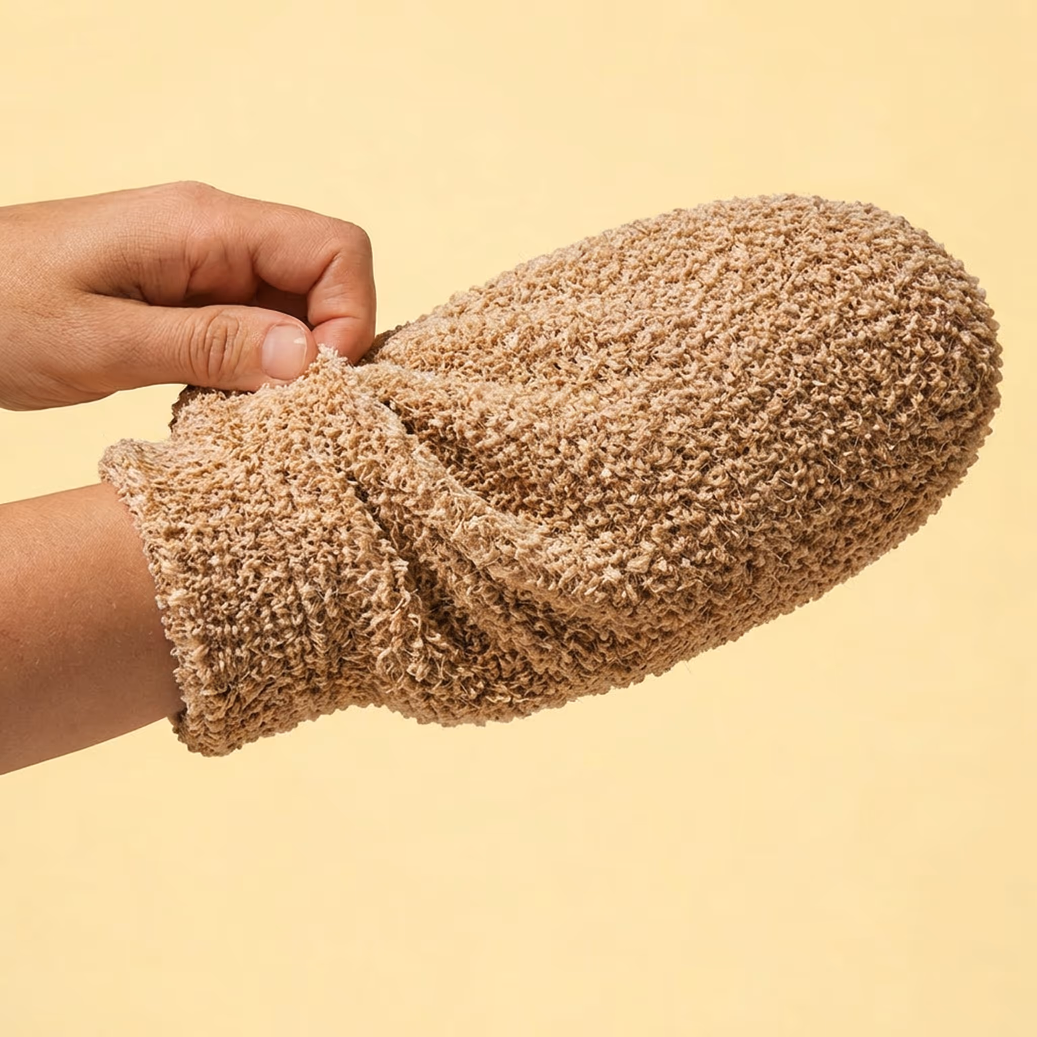 Cleansing sisal mitt worn on hand close-up view