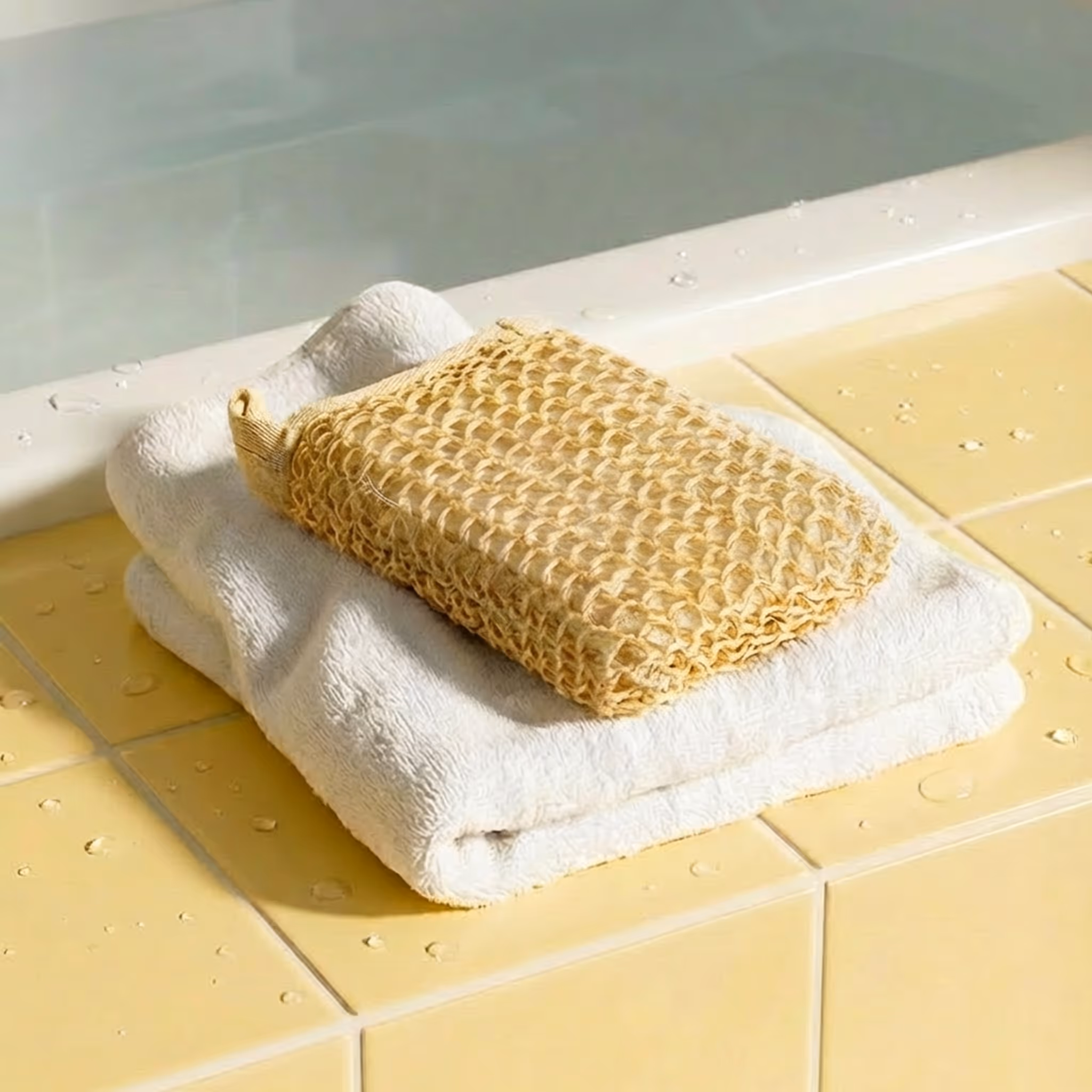 Exfoliating scrubber sponge on folded towel near bathtub
