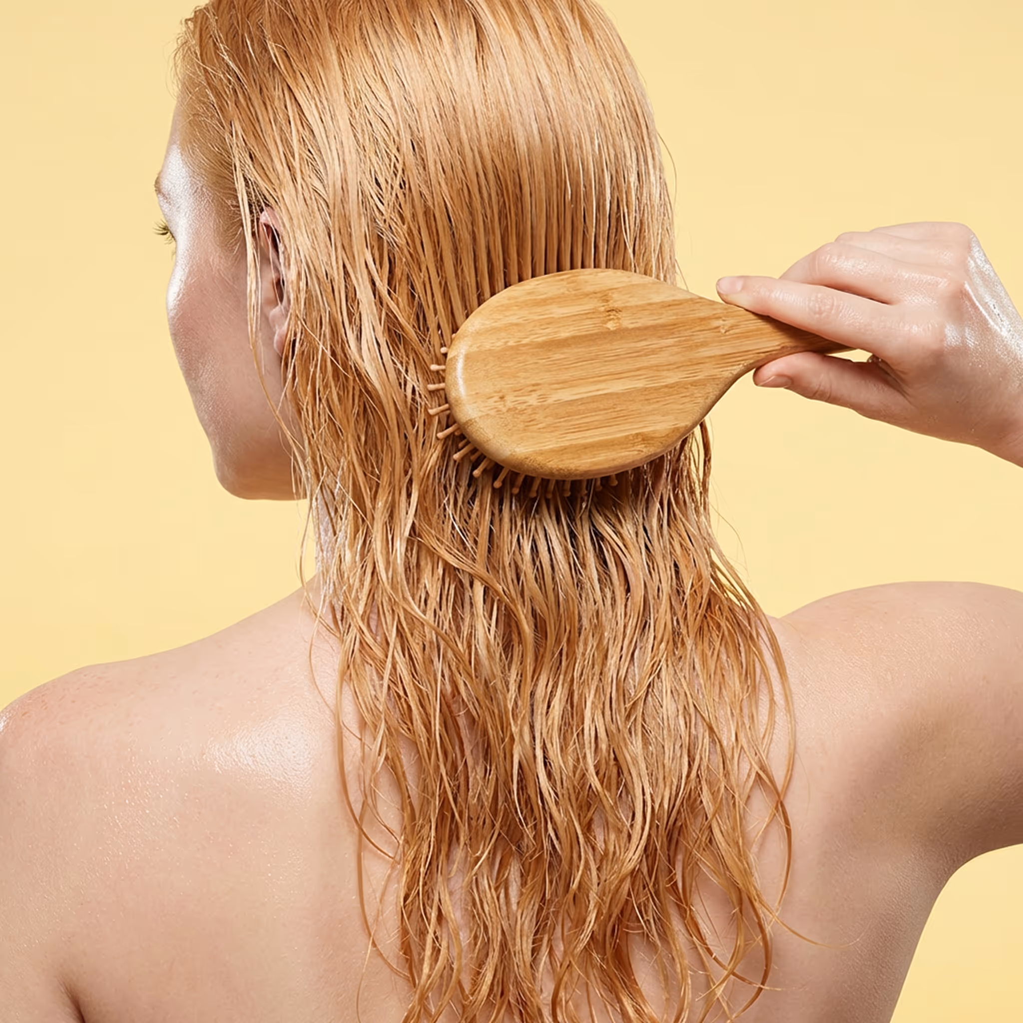 Woman brushing wet hair with wooden paddle hair brush after shower