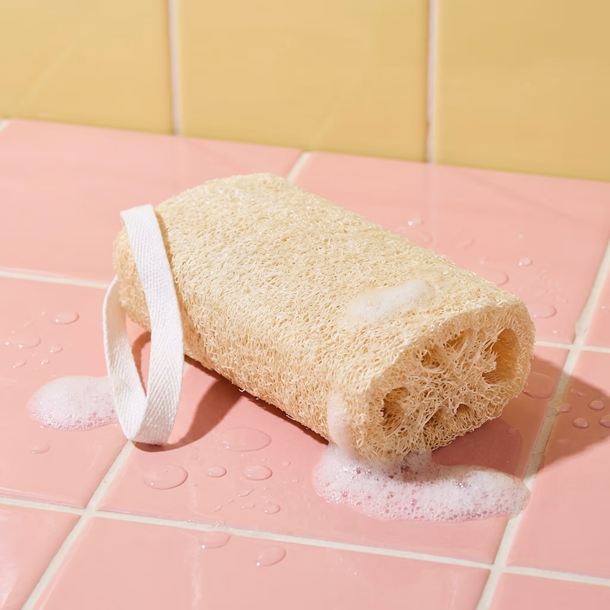 Natural loofah body sponge with hanging strap on pink tile surface with foam