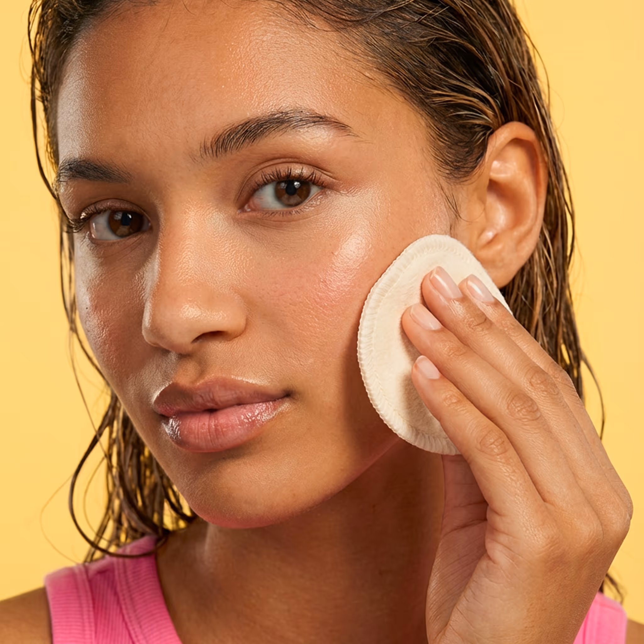 Woman using reusable cotton makeup remover pad on cheek during skincare routine