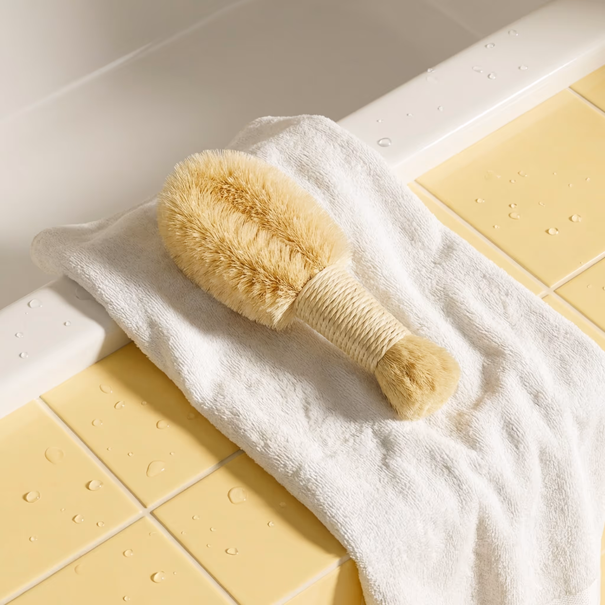Natural body brush with soft bristles resting on white towel beside bathtub