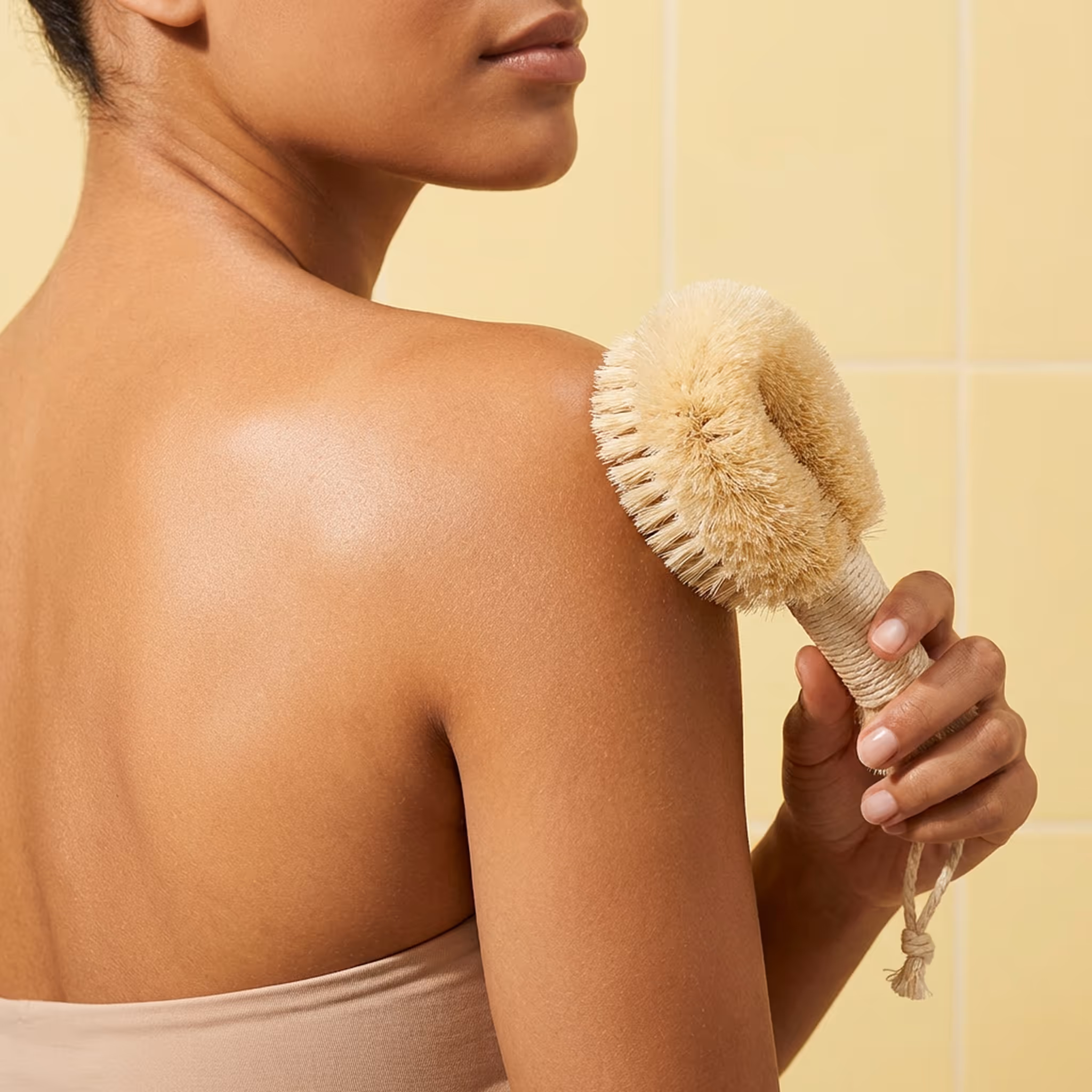 Woman using natural body brush on shoulder during dry brushing skincare routine