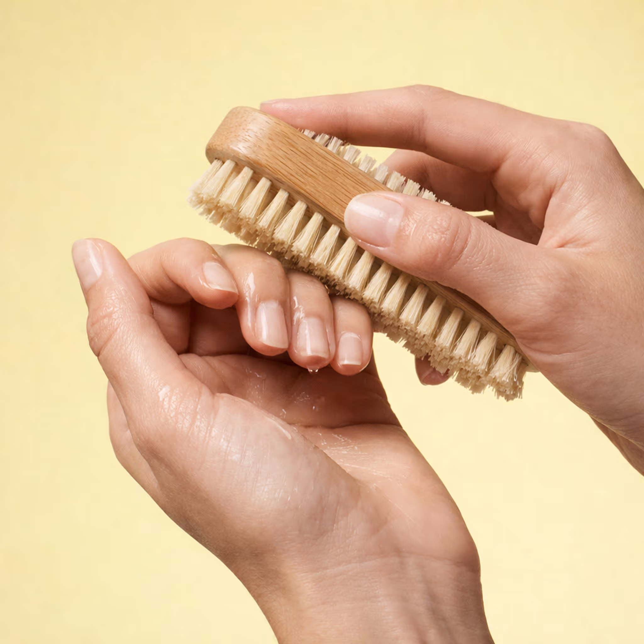 Woman cleaning fingernails with wooden nail brush during hand care routine