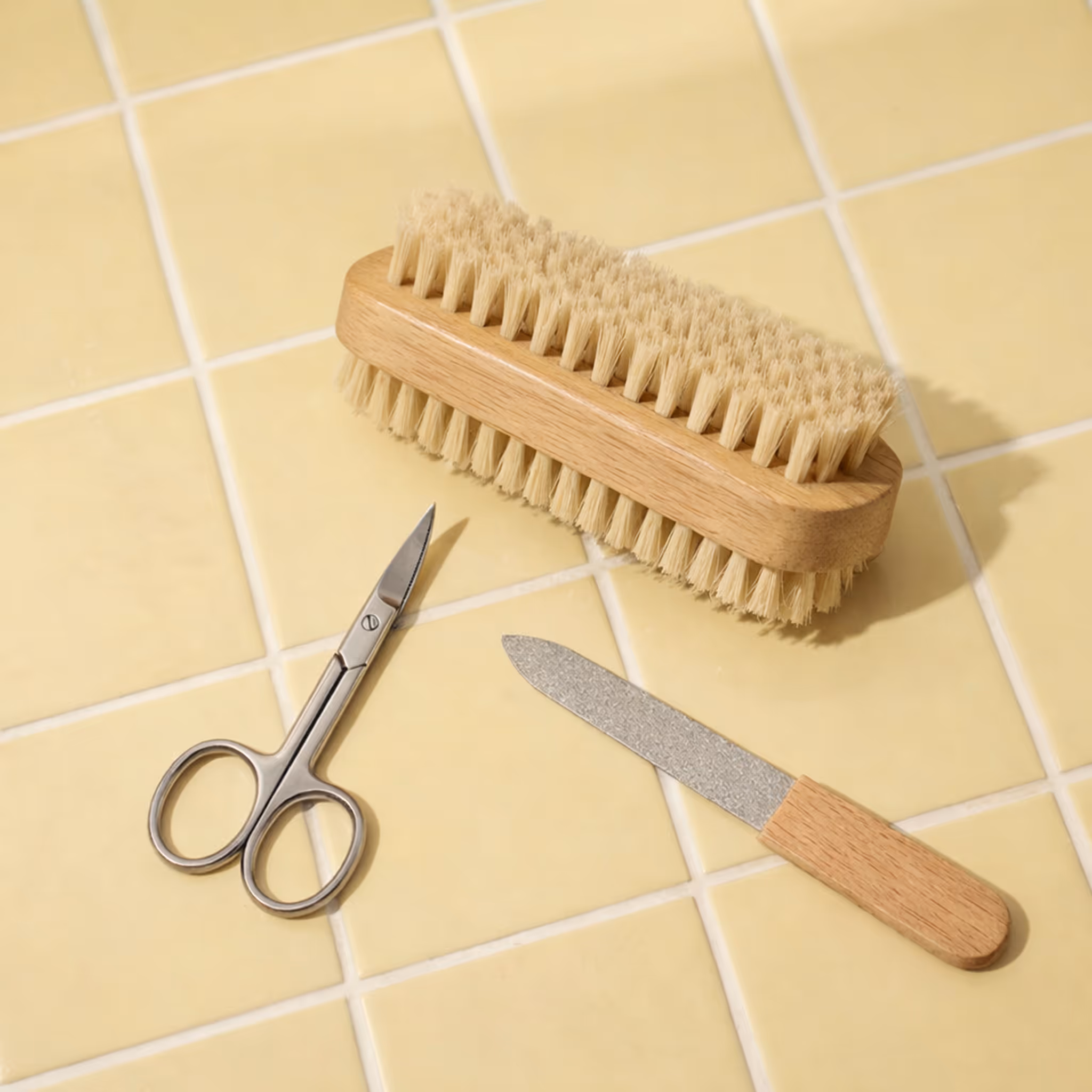 Wooden nail brush with manicure scissors and nail file on yellow bathroom tile surface