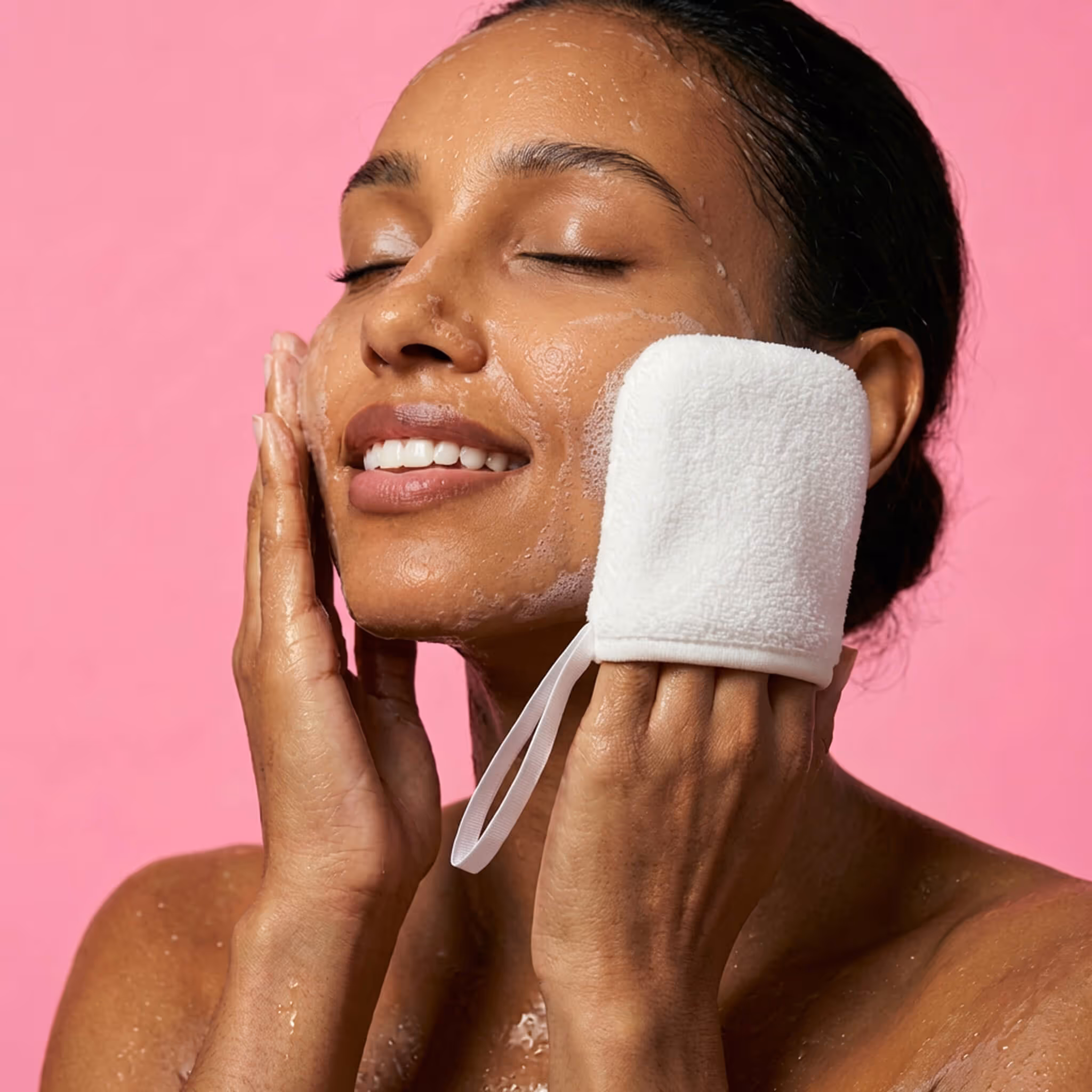 Woman cleansing face with white AfterSpa Facial Scrubber mitt and facial foam against pink background