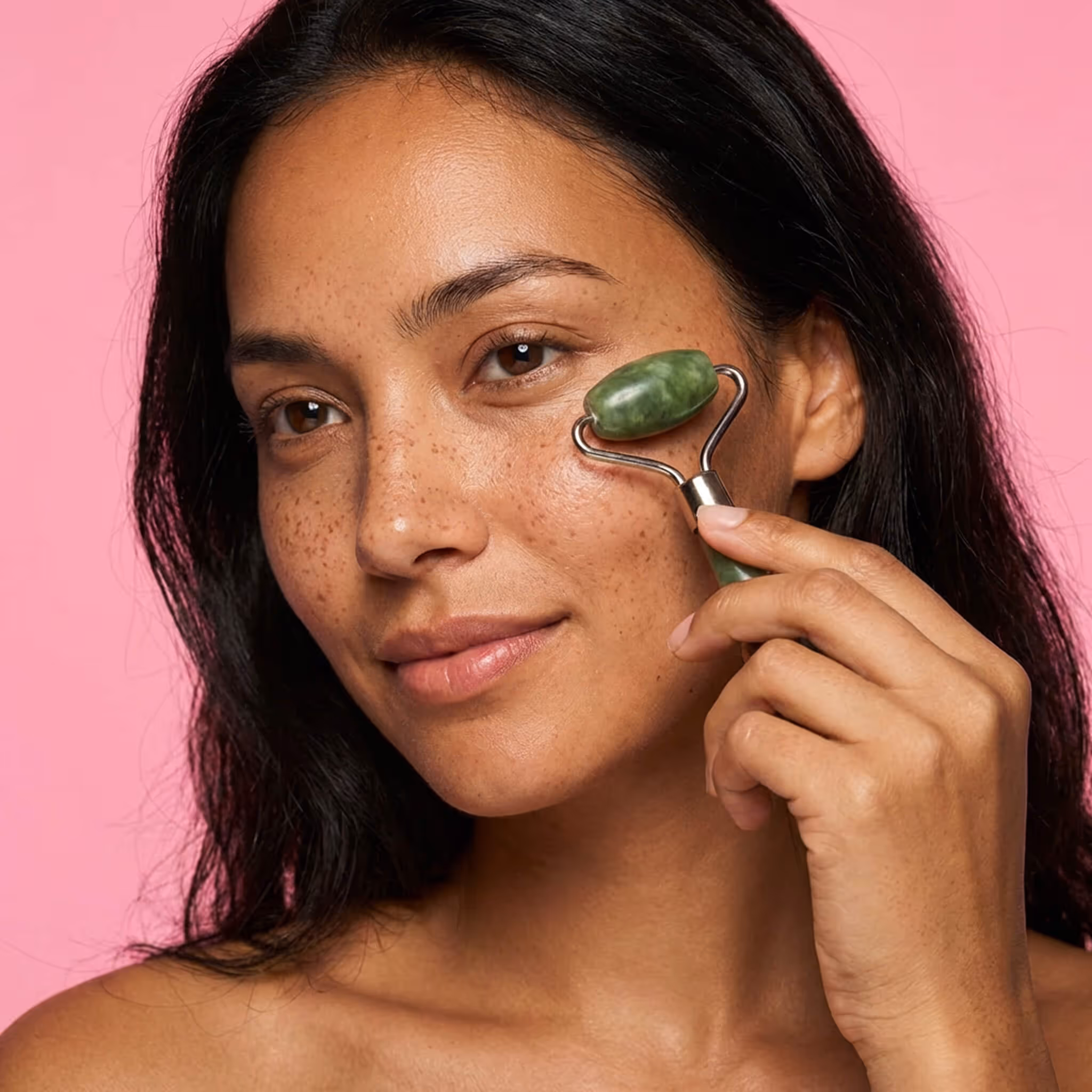 Woman using green jade eye roller on cheek against pink background