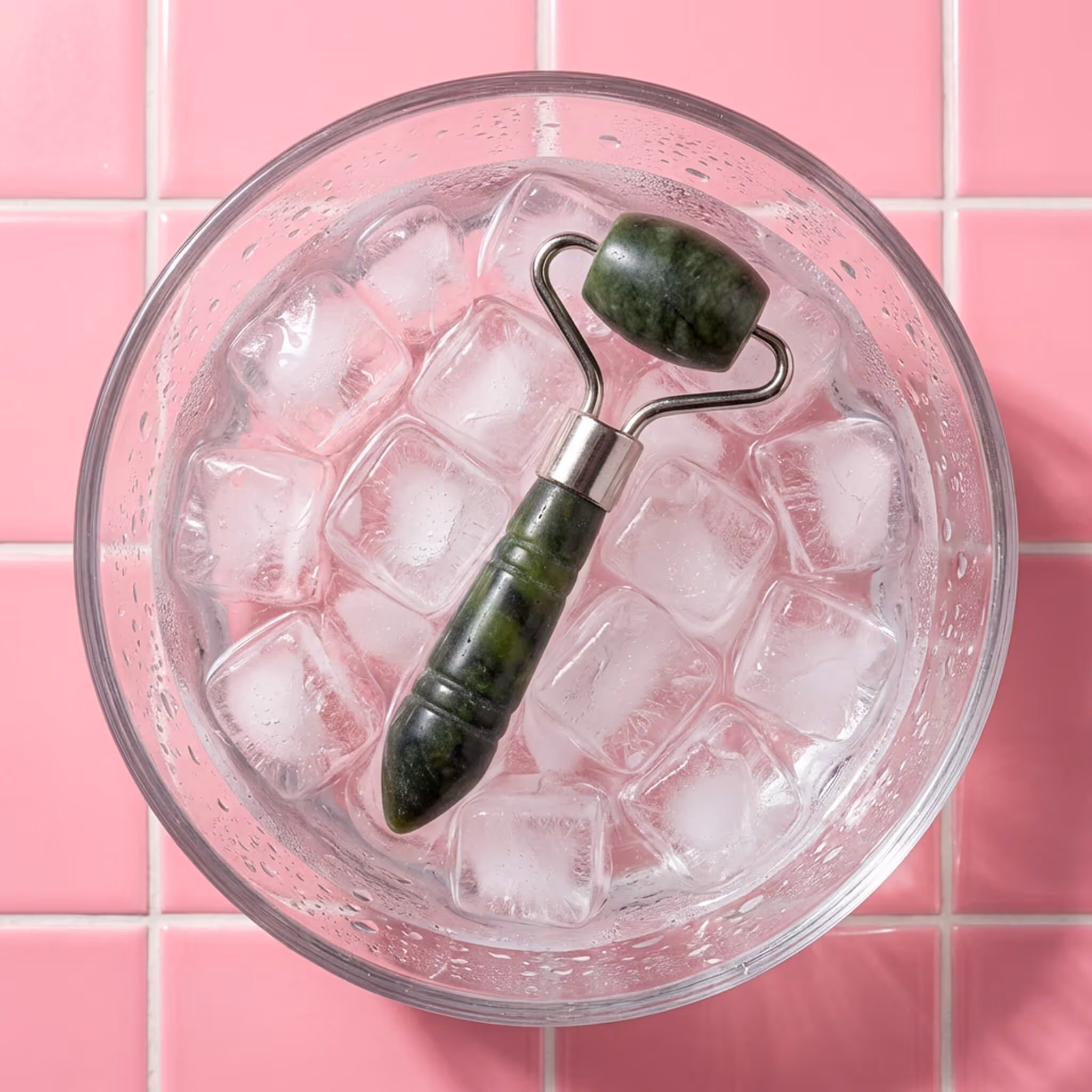 Green jade eye roller resting in glass bowl filled with ice cubes on pink tile surface