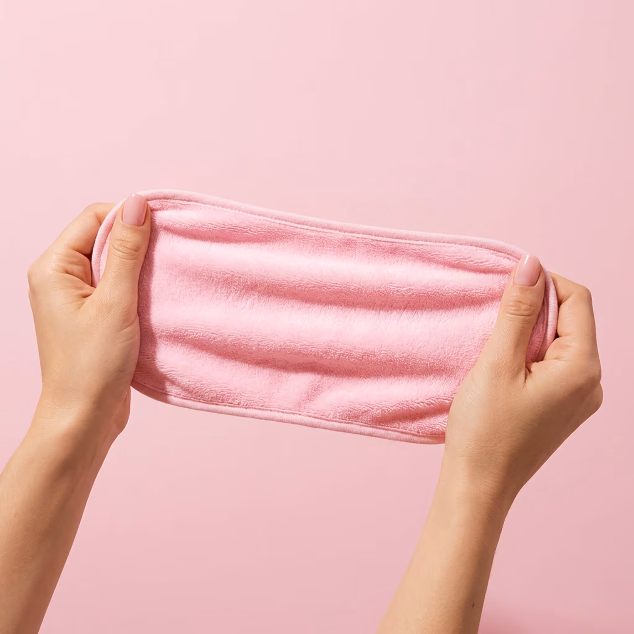 Hands stretching soft pink reusable makeup remover cloth against pink background