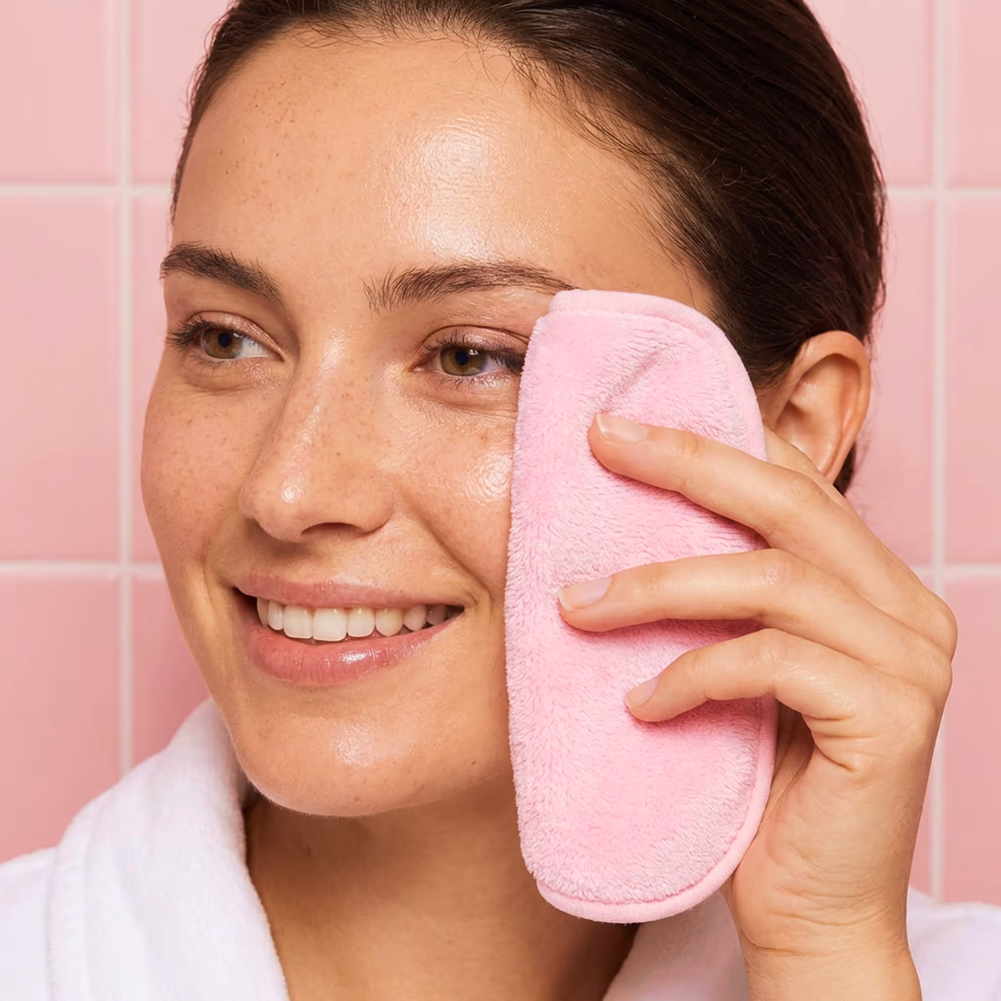 Woman using pink reusable makeup remover cloth on face in front of pink tile background