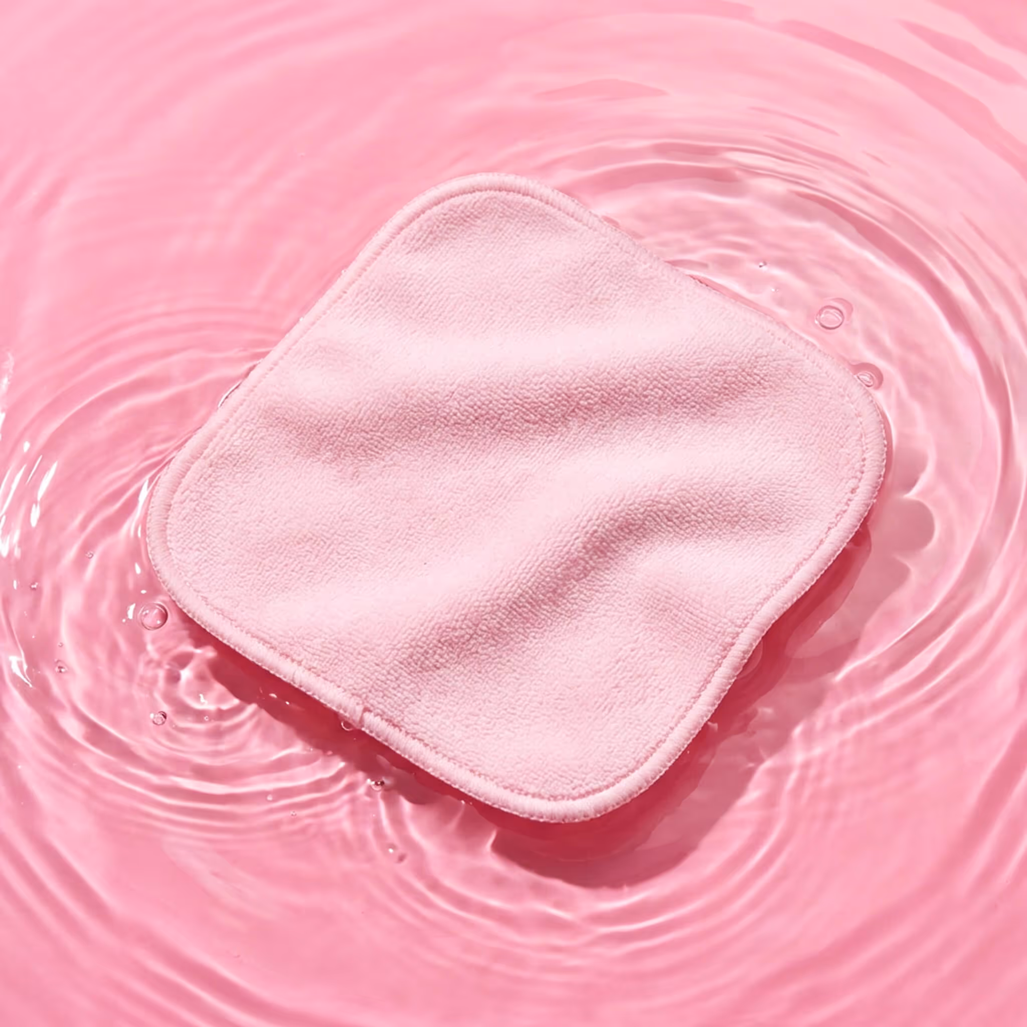 Pink reusable mini makeup remover pad floating on pink water surface with soft ripples