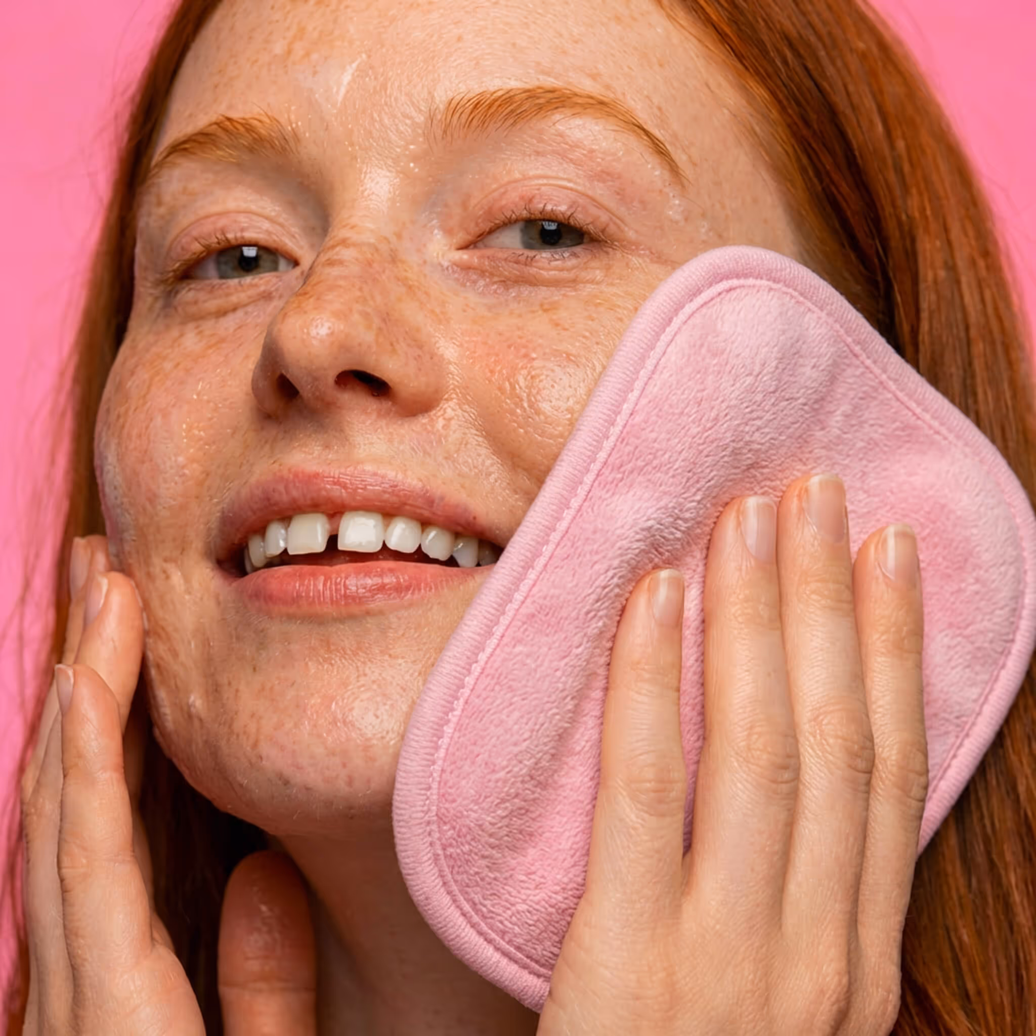 Woman using pink mini makeup remover pad on face against pink background