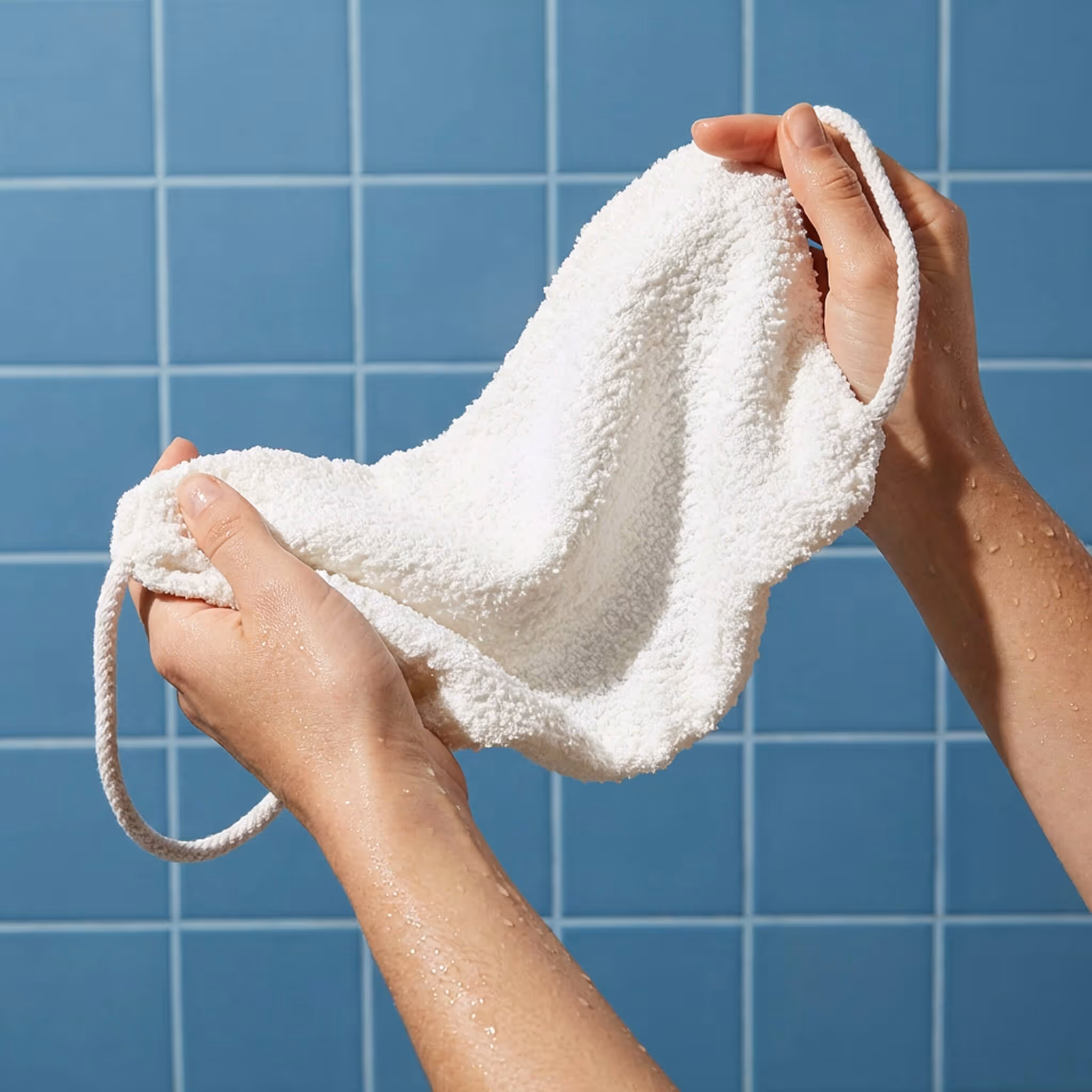Hands holding white After Spa Exfoliating Wash Cloth with loop handles against blue tile wall.