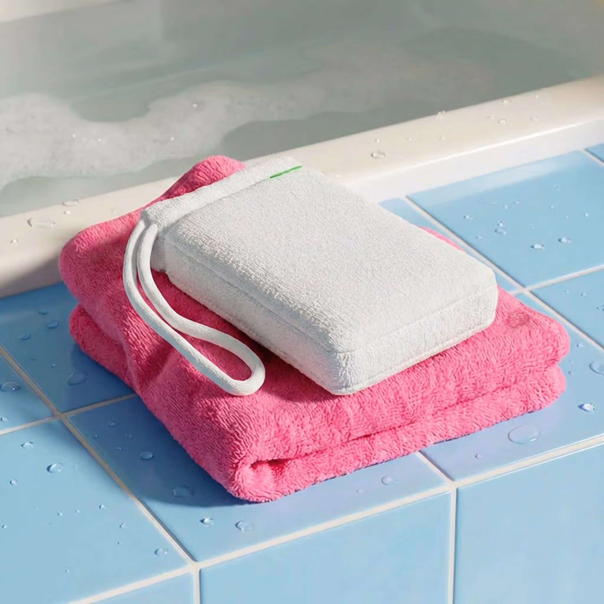 White After Spa Body Scrubber resting on pink towel beside bathtub on blue tile surface.