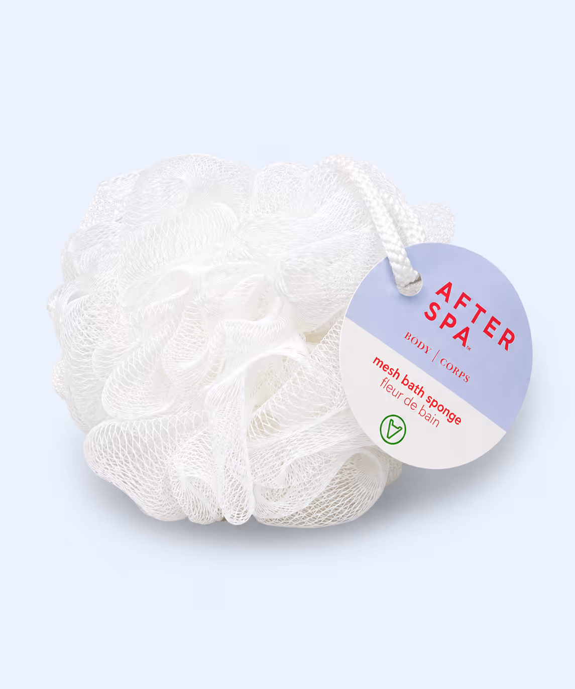 After Spa Mesh Bath Sponge with retail tag and hanging cord on light blue background.
