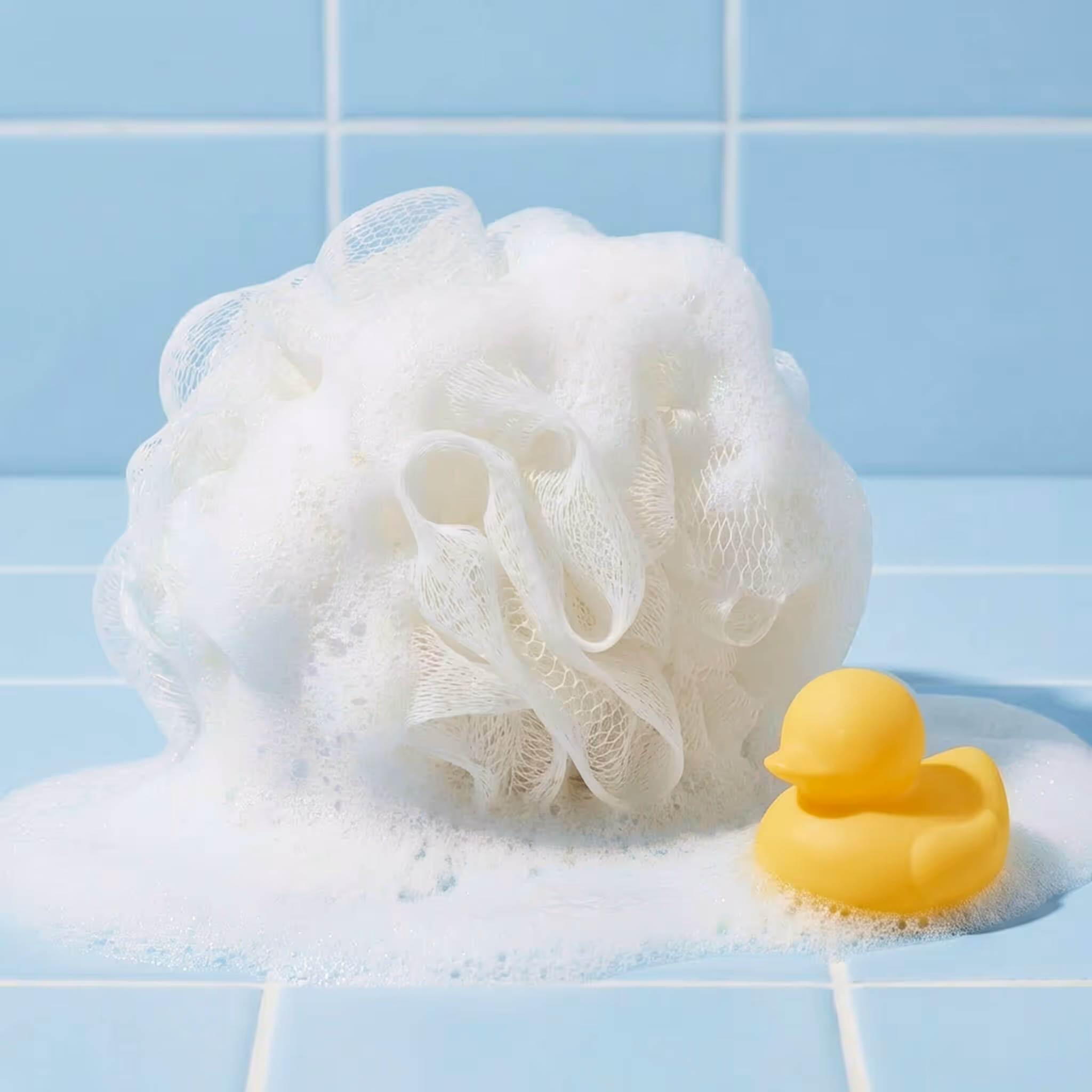 White mesh bath sponge covered in foam beside yellow rubber duck on blue tiled bathroom surface.