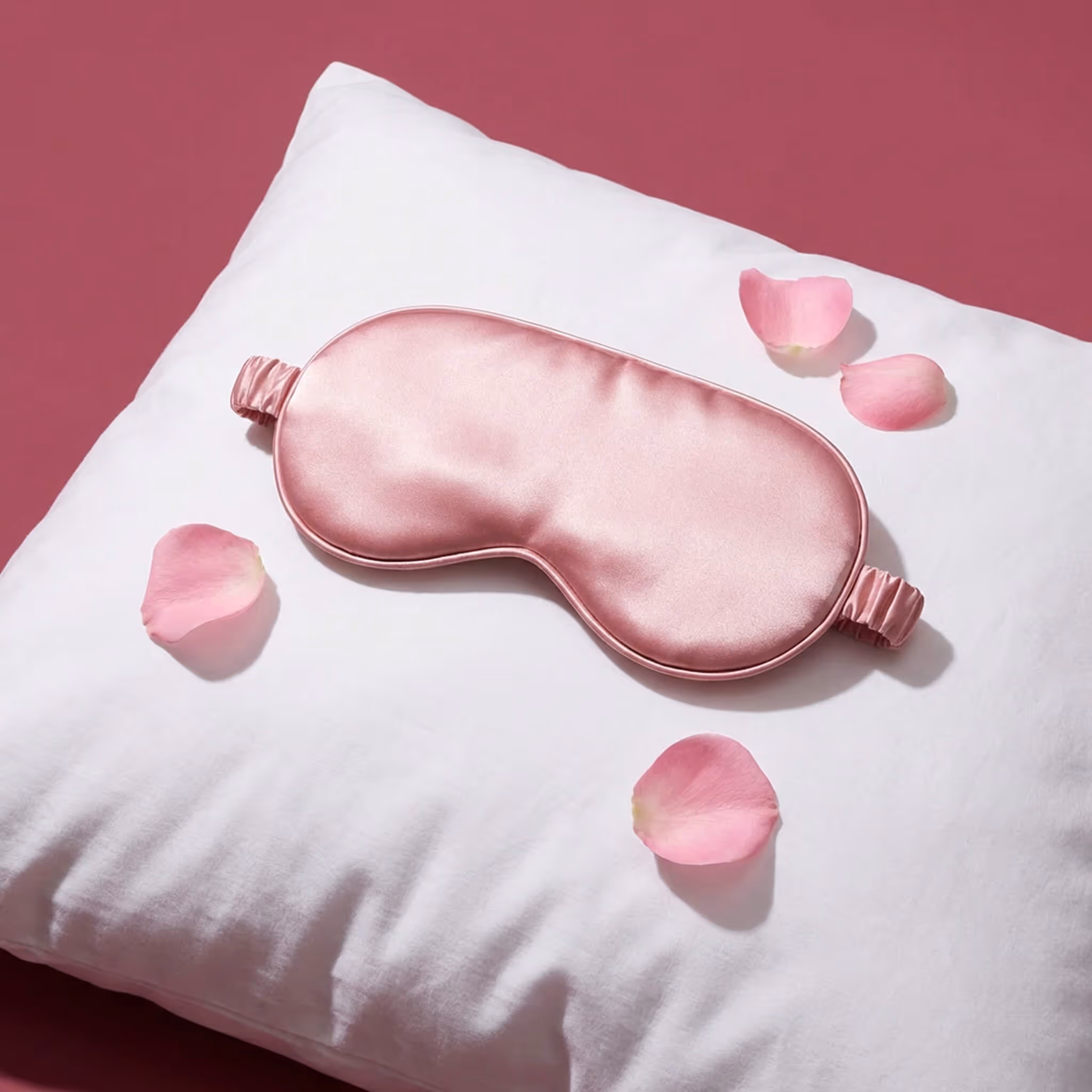 Pink satin After Spa Smooth Sleep Mask on white pillow with rose petals.