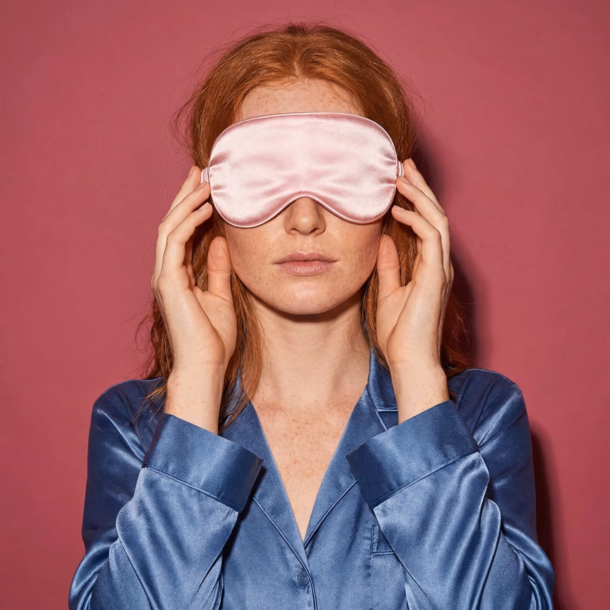 Woman wearing pink satin After Spa Smooth Sleep Mask for restful sleep.